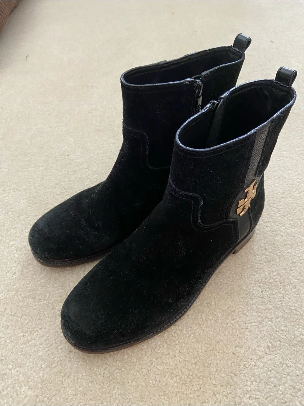 Tory Burch Alaina black Suede ankle boots, size 8 gentle worn, Made in Brazil